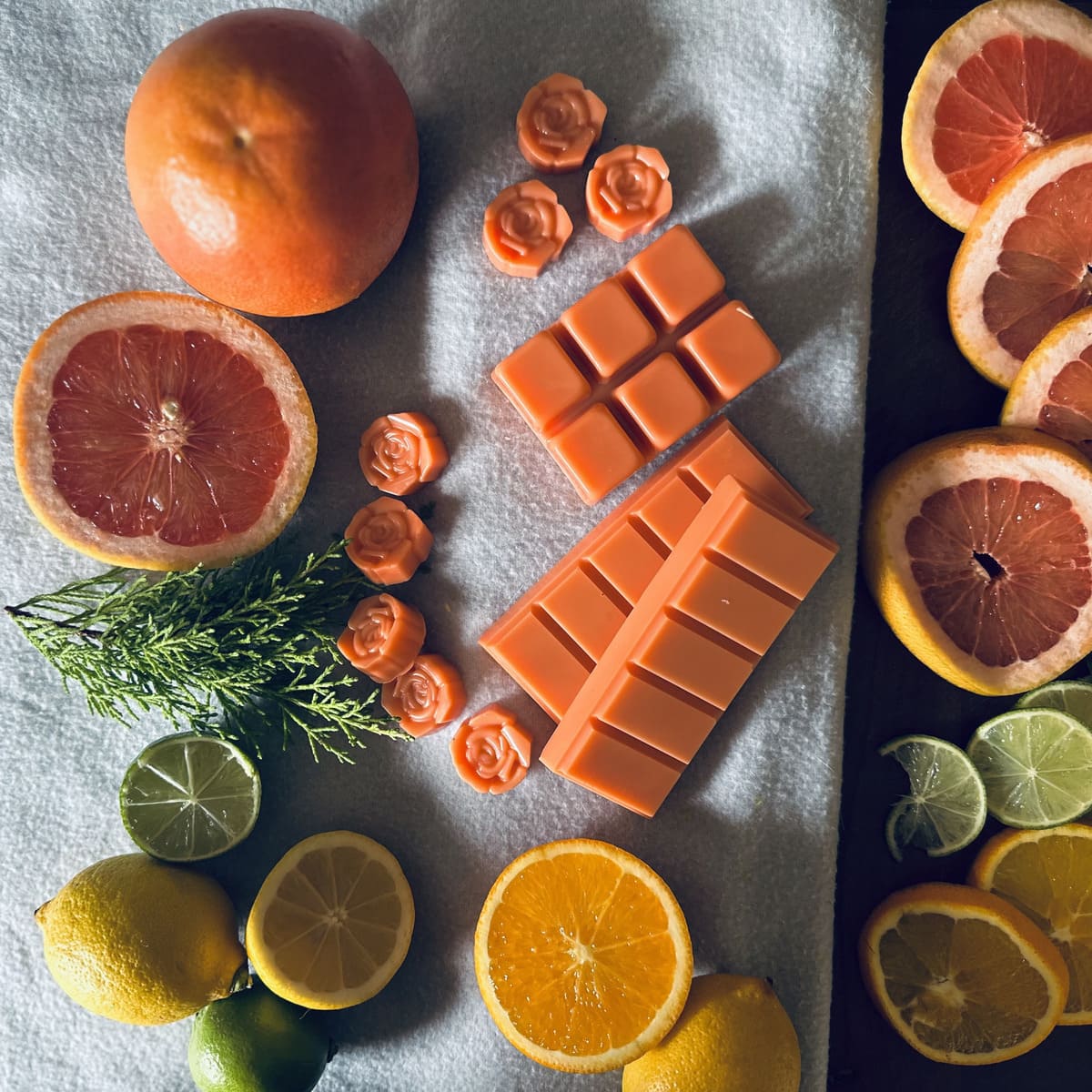 Pink soy wax melts surrounded by grapefruit, oranges, limes and lemons