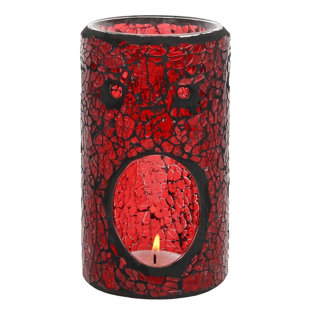 Red mosaic crackle glass effect wax melt burner on a white background