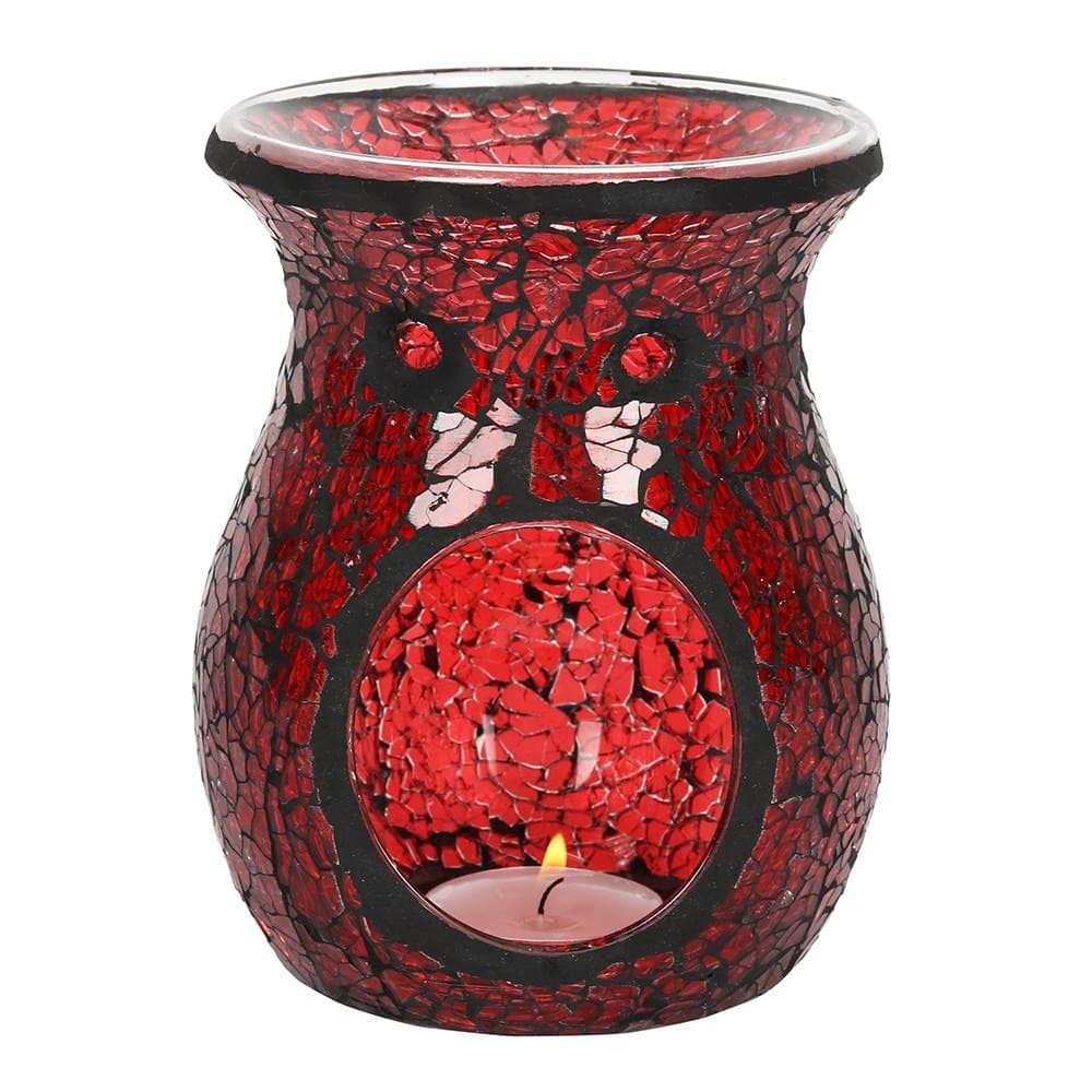 Red crackle effect case shaped wax melt burner on a white background