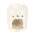 White ceramic star shaped wax melt burner with star shaped cutouts above the tealight hole on a white background.