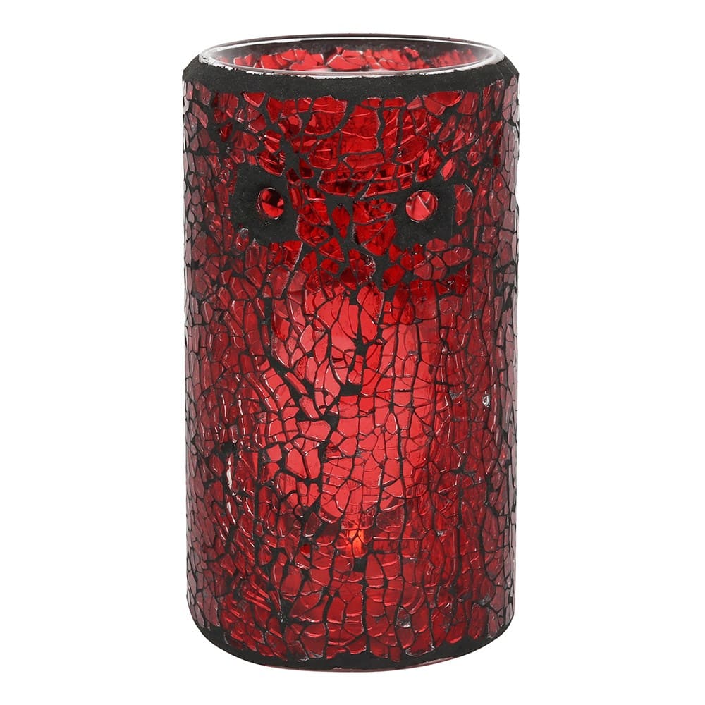 Red mosaic crackle glass effect wax melt burner on a white background