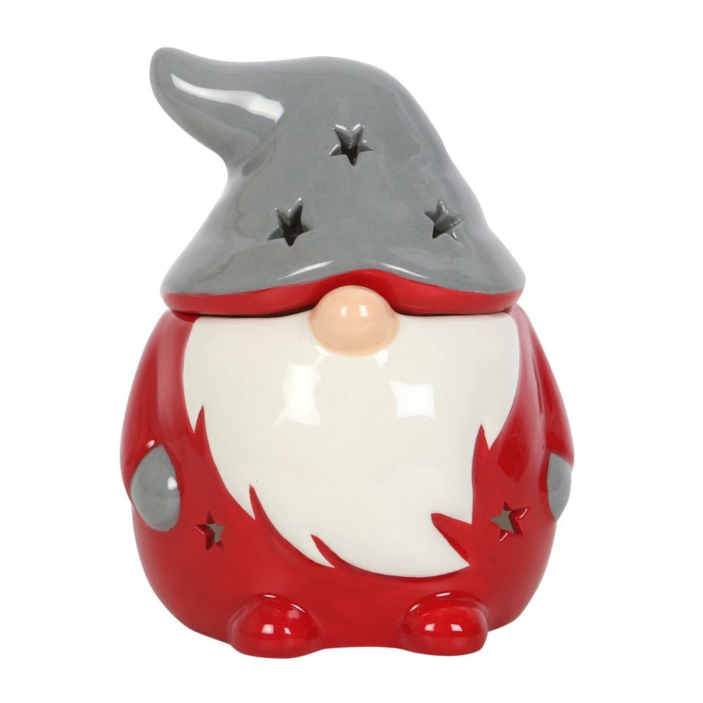 Santa styled Red gnome Gonk wax melt burner with a grey hat lid on a white background