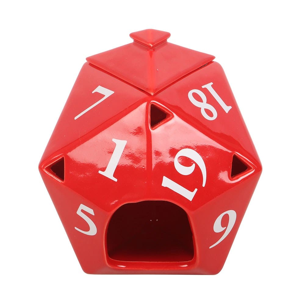 Red die-shaped wax melt burner inspired by the stranger things with numbers printed on, against a white backgrounf