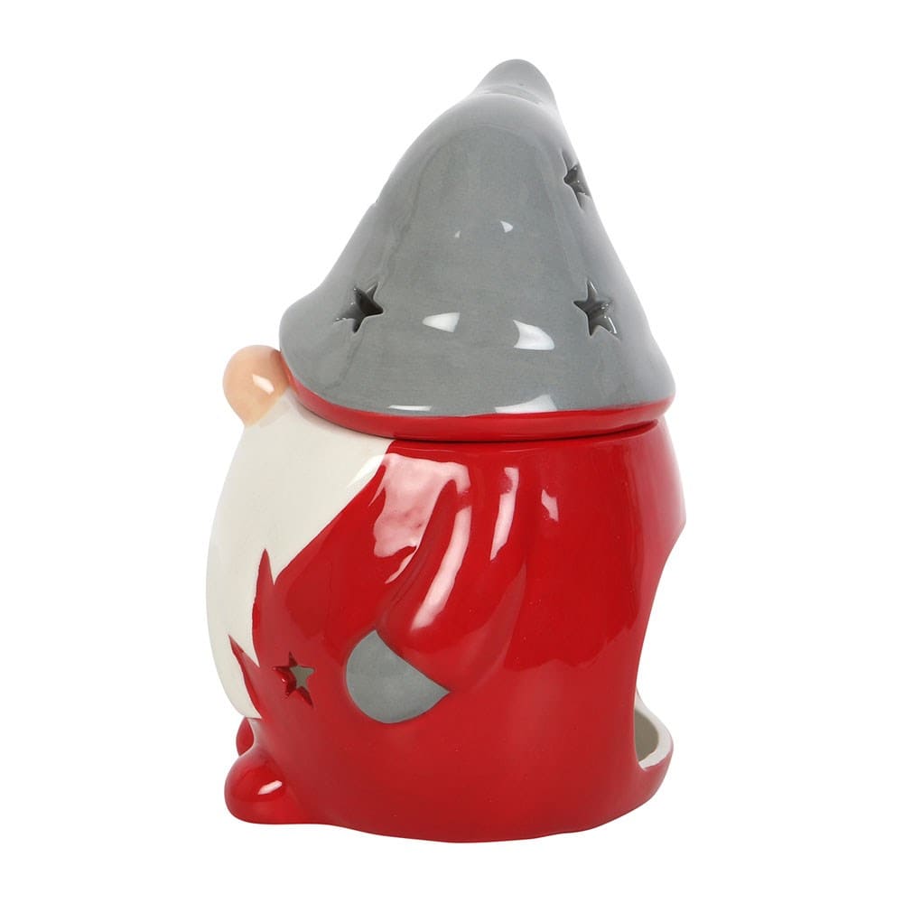 Santa styled Red gnome Gonk wax melt burner with a grey hat lid on a white background