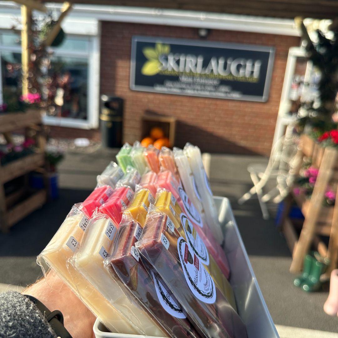 A hand holds a white tray  of wax melts in front of Skirlaugh Garden Centre